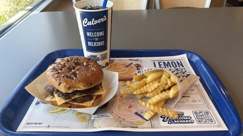 Culver's ButterBurger, beverage, and fries on a tray