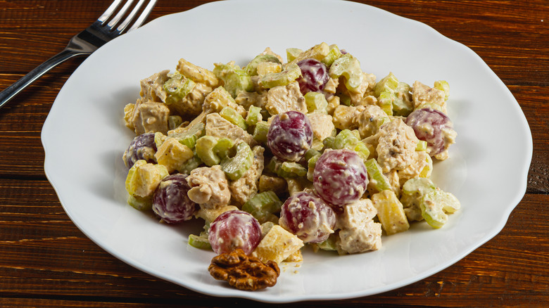 Plated chicken salad with fork