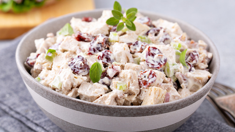 Bowl of chicken salad with cranberries
