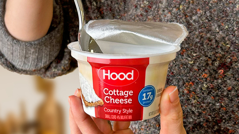 hand holding Hood cottage cheese with a spoon dipped into it