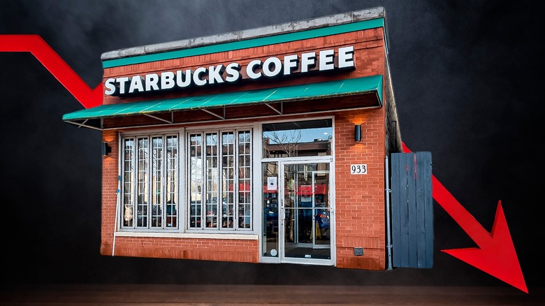 Starbucks building with earnings arrow going down