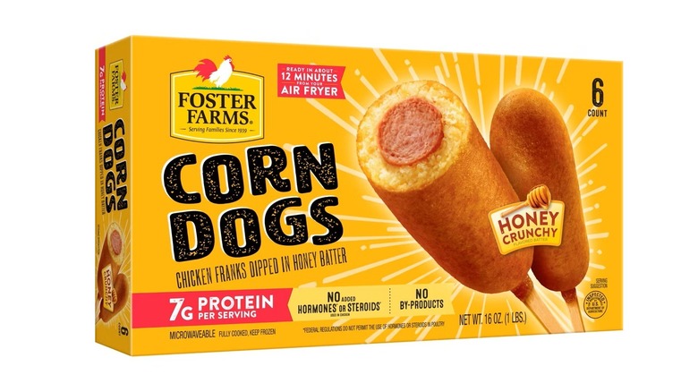 Yellow box of Foster Farms corn dogs