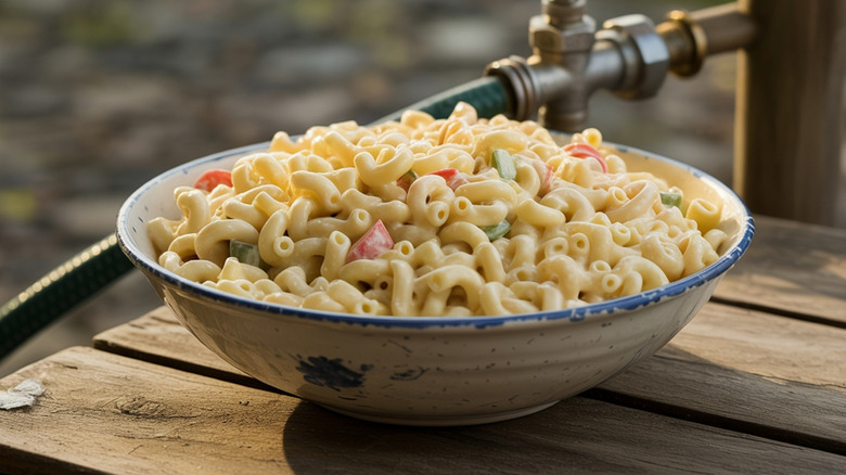 Bowl of macaroni salad with vegetables