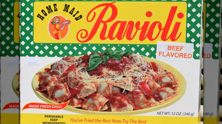 Box of Home Maid ravioli with red sauce