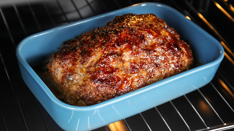 Meatloaf in pan on oven rack