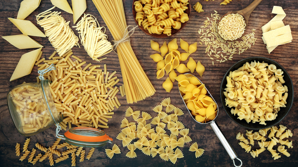 Variety of pasta shapes from above