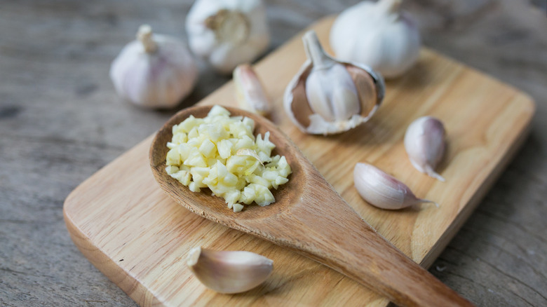 Minced garlic in spoon