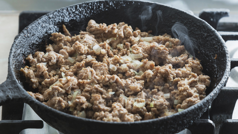Ground lamb in pan