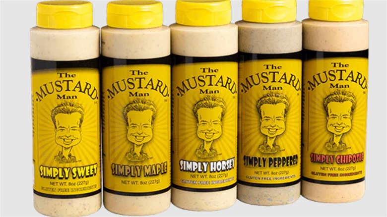 Bottles of the Mustard Man brand mustard on table