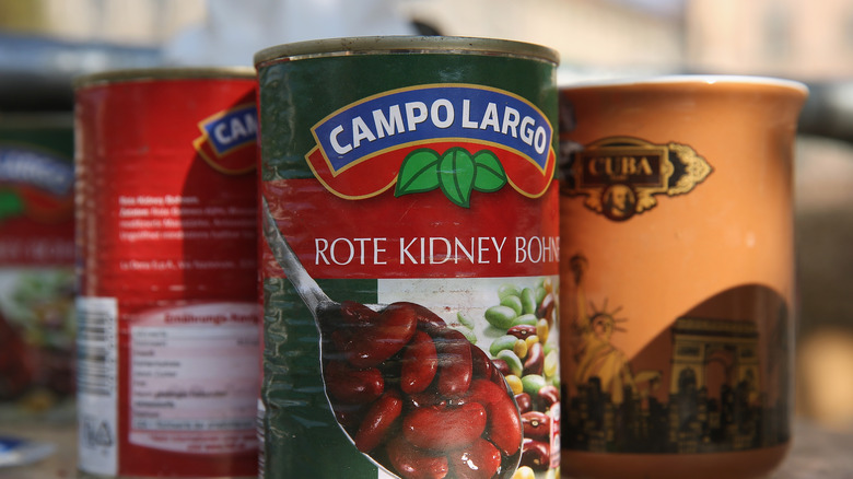 Canned beans on table