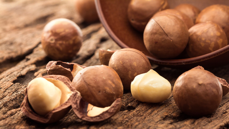 Close-up of macadamia nuts coming from a bowl