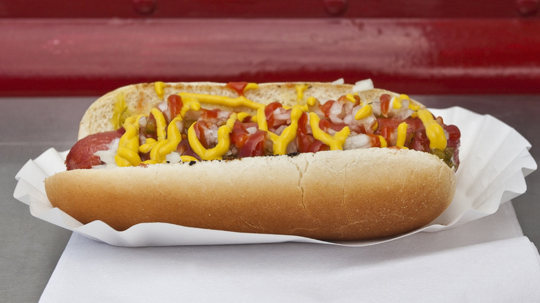 hot dog with ketchup, mustard, and onions