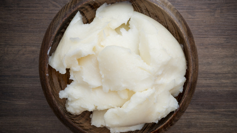 pork lard in wooden bowl