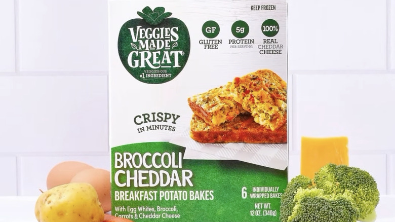 Box of Broccoli Cheddar Breakfast Potato Bakes with veggies