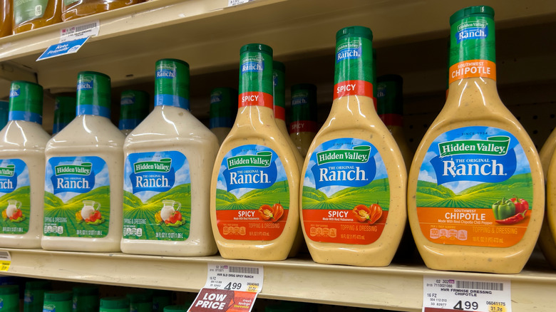 Hidden Valley ranch dressing on the shelves in a grocery store