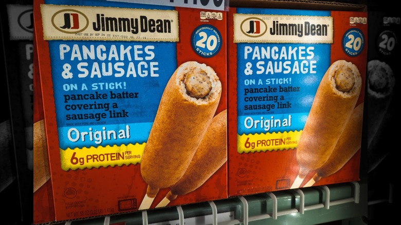 Boxes of Jimmy dean Pancakes & Sausage on a stick displayed on a shelf