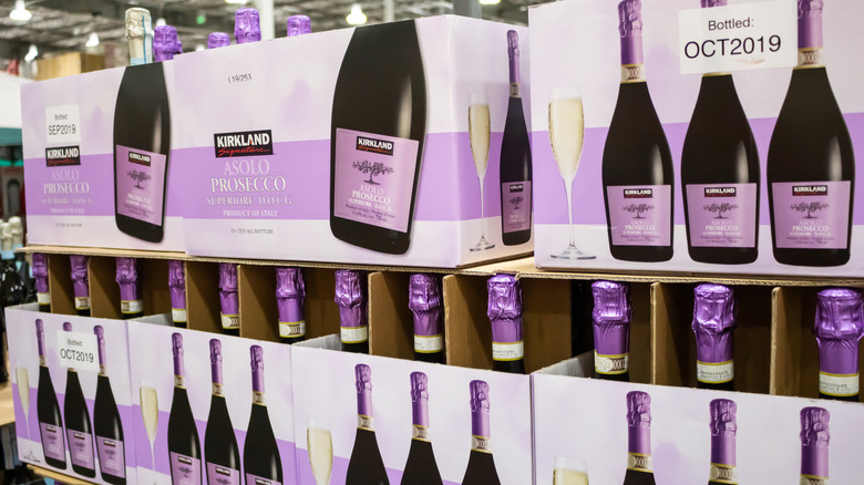 Kirkland Signature Prosecco wines in boxes at a Costco