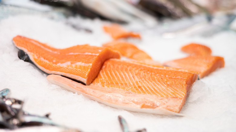 raw salmon on ice