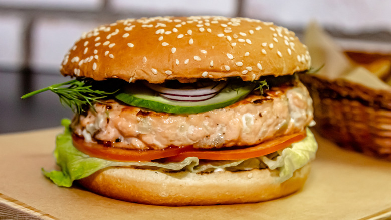 salmon burger in a bun