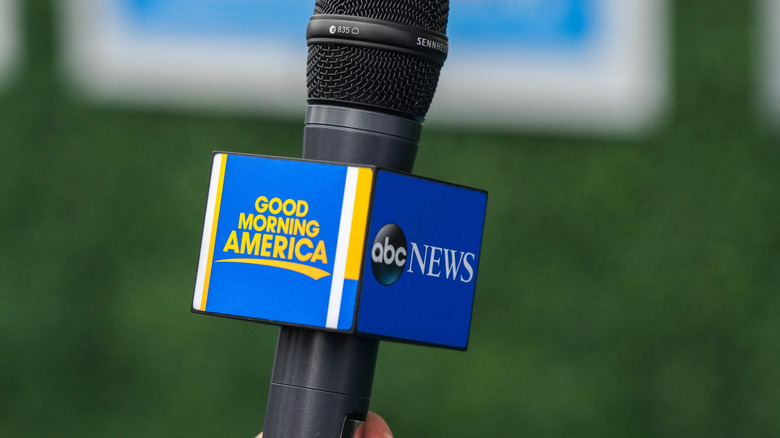 A microphone with a "Good Morning America" mic flag