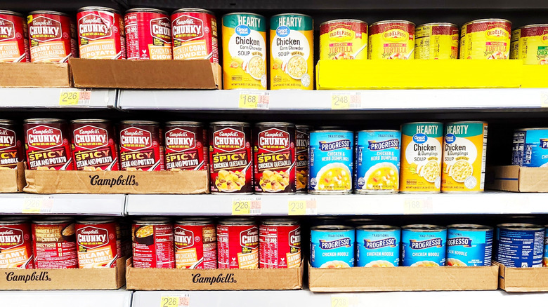 Soup cans on supermarket shelves