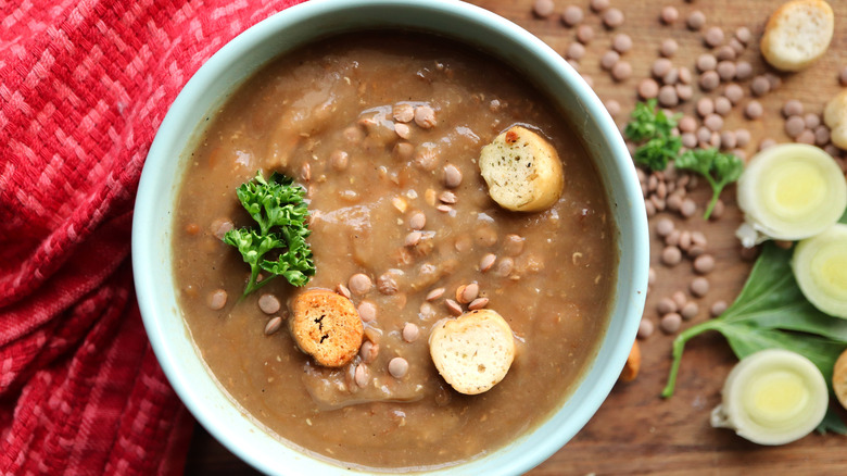 Bowl of beef and lentil soup
