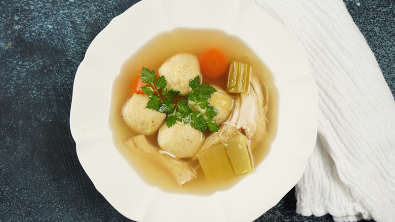 Bowl of chicken matzo ball soup