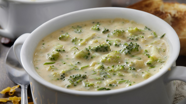 Broccoli cheddar soup in a white bowl