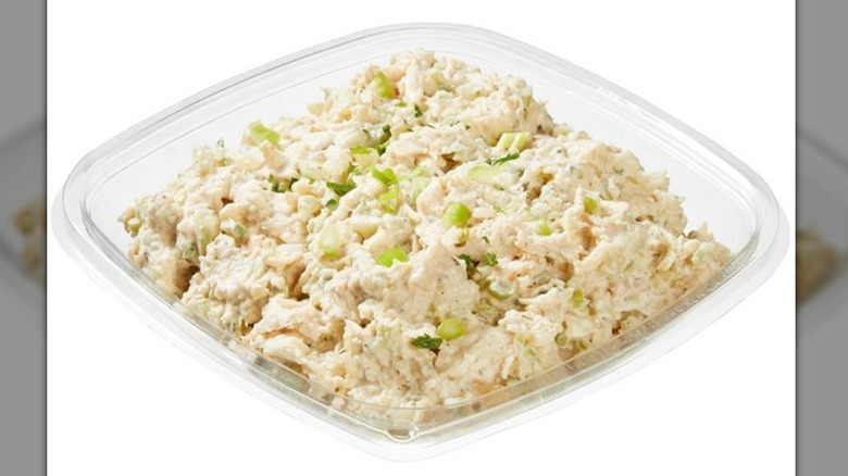 Plastic container of chicken salad from Costco, made with the stores rotisserie chicken.