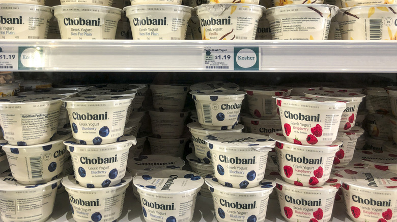 Chobani yogurts on refrigerated shelves