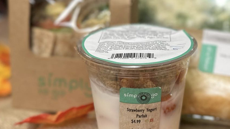 Closeup of Simply To Go Strawberry Yogurt Parfait on burlap