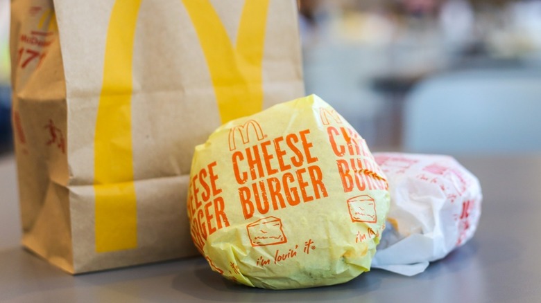 McDonald's cheeseburger and bag
