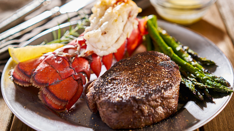 Lobster tail, steak, and asparagus