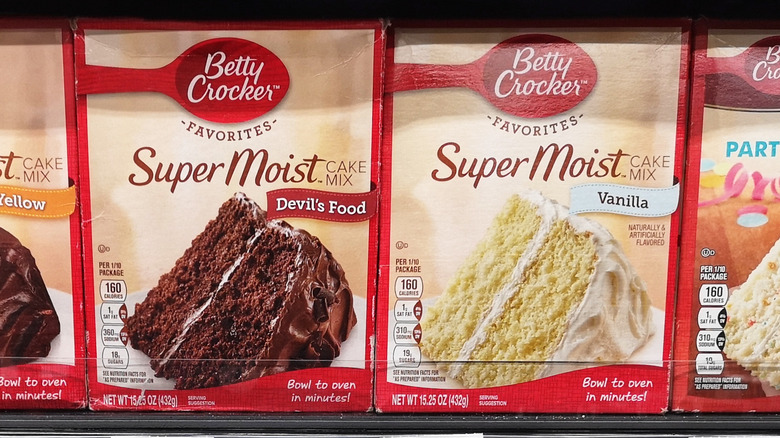 Boxes of Betty Crocker cake mixes. 