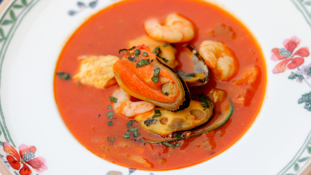 bouillabaisse in floral bowl