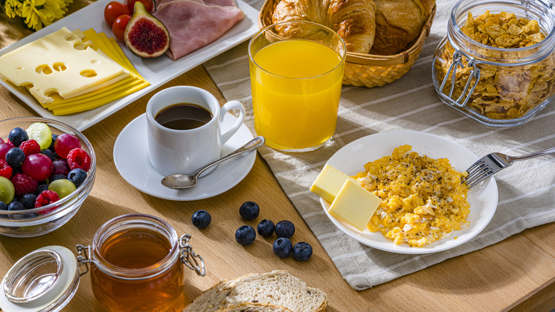 Breakfast spread with foods and drinks