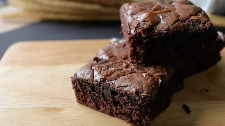 Brownies on wooden tray