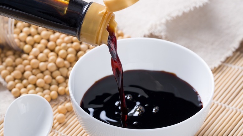 Soy sauce poured into a bowl