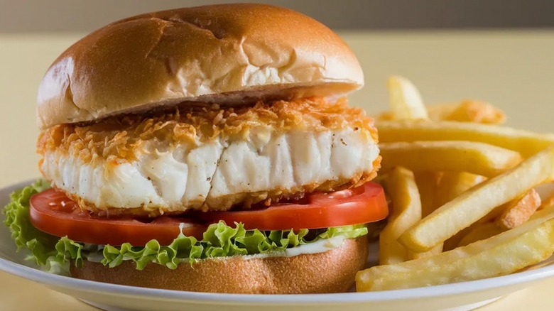 Fish sandwich and fries on a plate