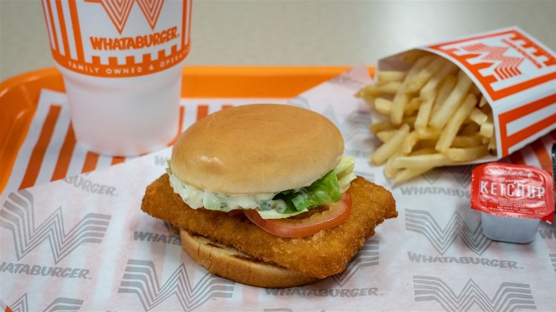 Whataburger Whatacatch, fries, ketchup, and a drink from Whataburger