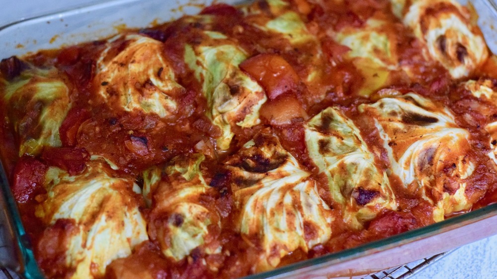 finished cabbage rolls in casserole dish