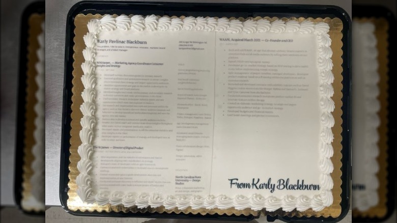 A resume printed on a cake 