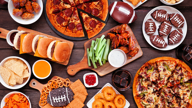 super bowl snacks on table with football
