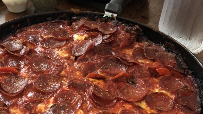 Pequod's Pizza pan pizza with pepperoni