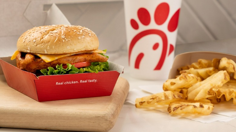 Chick-fil-A grilled chicken sandwich, fries, and drink