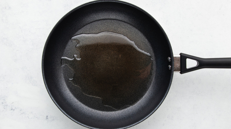 Oil heating in frying pan