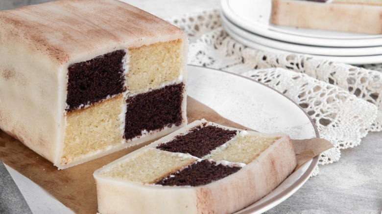 Chocolate Battenberg cake on plate