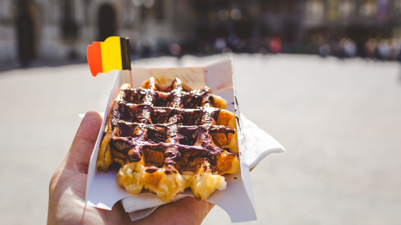 Belgian waffle with chocolate syrup