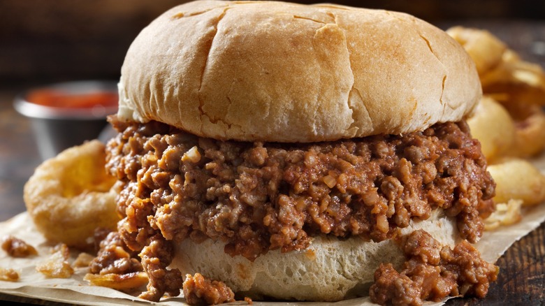 Sloppy Joes ground beef mixture on hamburger bun. 