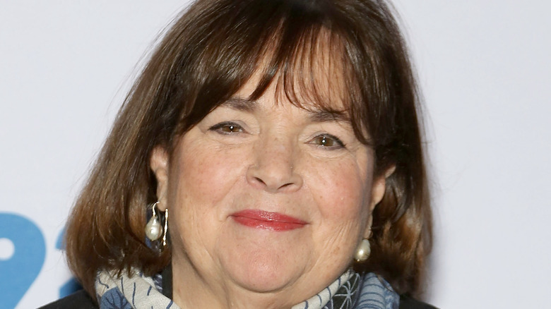 Close up of Ina Garten wearing pearl earrings 